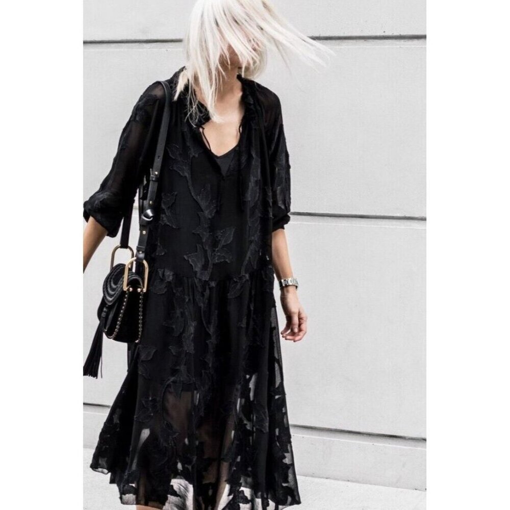 Aritzia WILFRED Dufour Black Sheer Leaf Jacquard Midi Peasant Dress, Size S - Picture 14 of 16